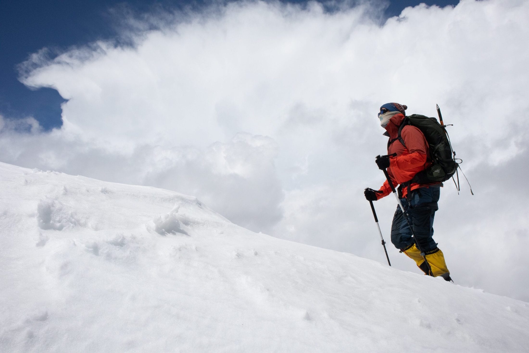 Mid-climb on a steep snow slope on Elbrus